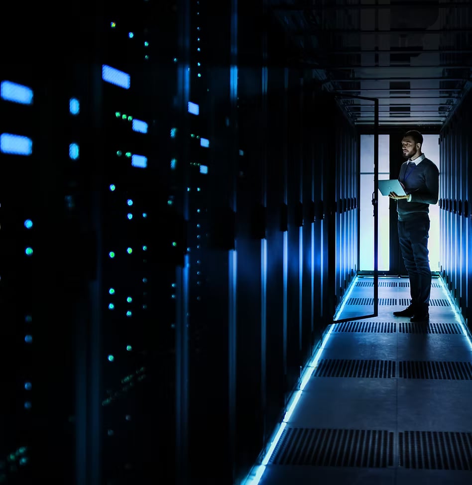 Modern server room showcasing Total Assure's cybersecurity infrastructure